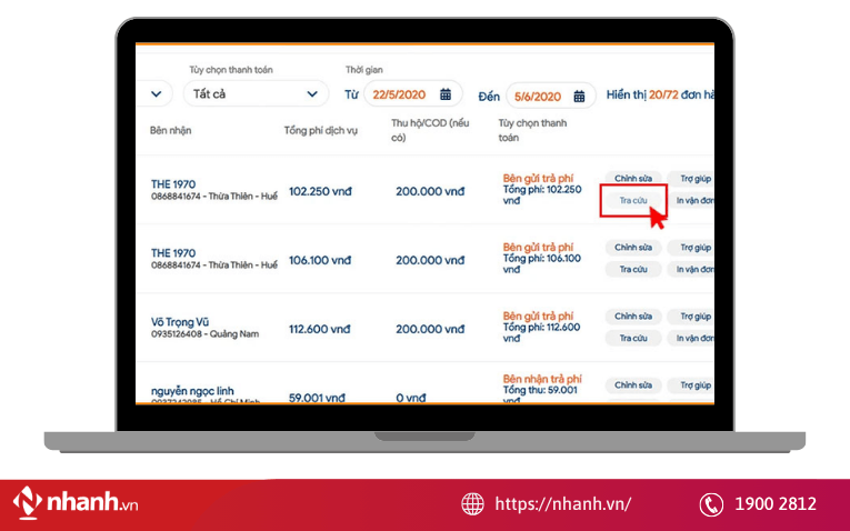 Danh sách đơn hàng tra cứu