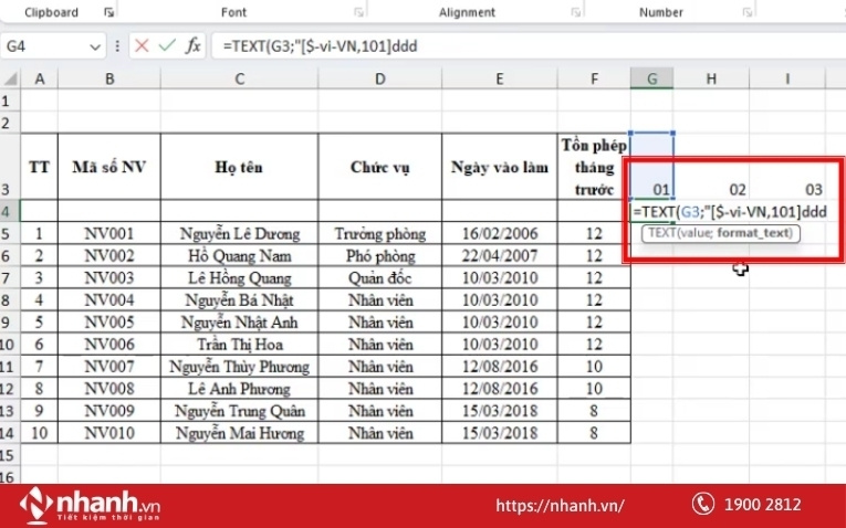 Định dạng Thứ cho bảng chấm công