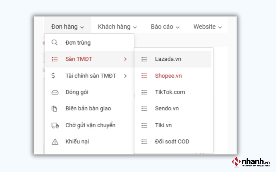 Đồng bộ đơn hàng trên sàn TMĐT của phần mềm Nhanh.vn