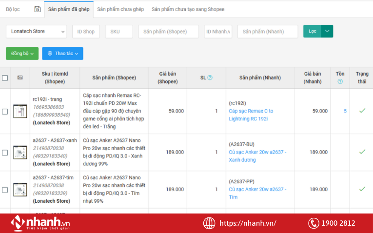 Đồng bộ tồn kho sàn Shopee trên Nhanh.vn