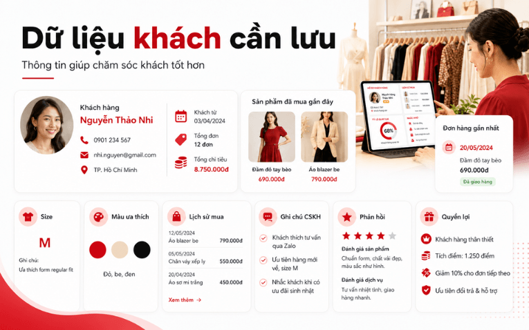 Dữ liệu cần lưu để chăm sóc khách hàng shop thời trang