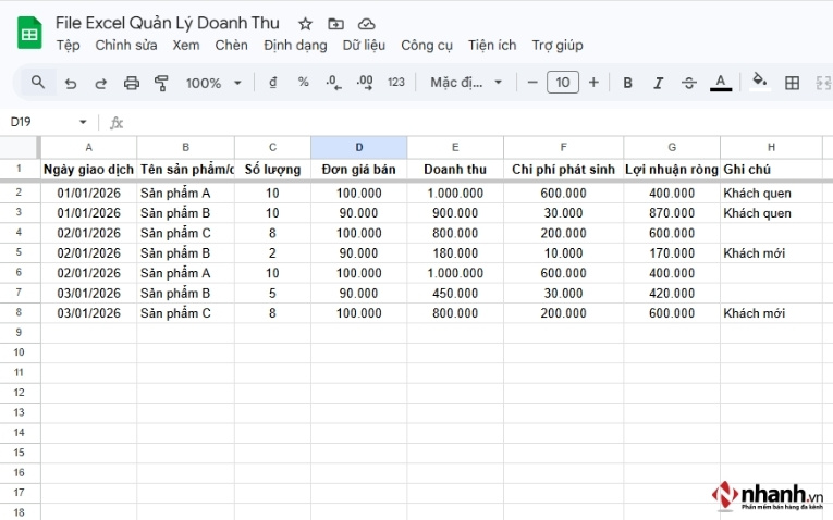 Mẫu file quản lý doanh thu bằng Excel chuẩn theo thời gian
