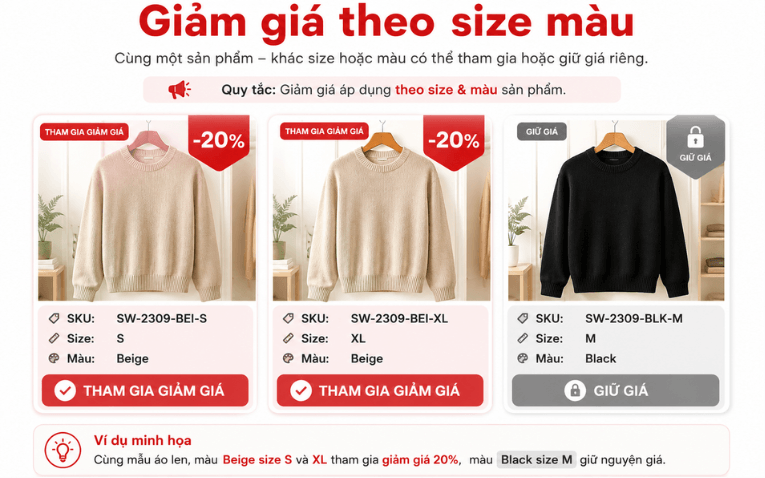 Giảm giá sản phẩm thời trang theo size màu