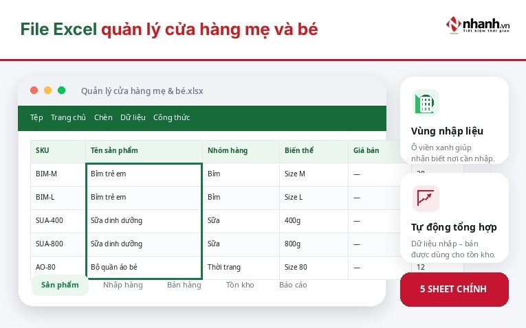 File Excel quản lý shop mẹ và bé
