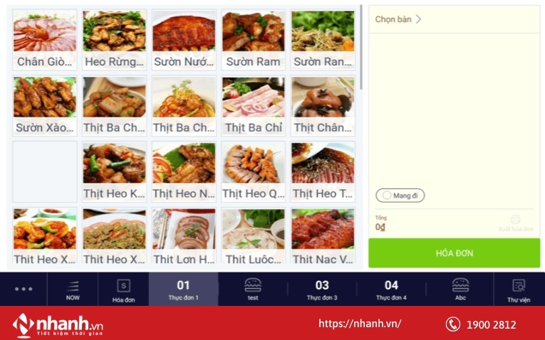 Giao diện quản lý thực đơn của phần mềm Ocha
