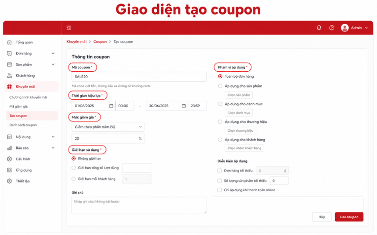 Giao diện tạo coupon trên Nhanh.vn
