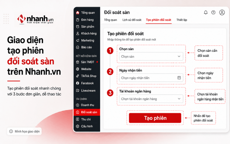 Giao diện tạo phiên đối soát sàn trên Nhanh.vn