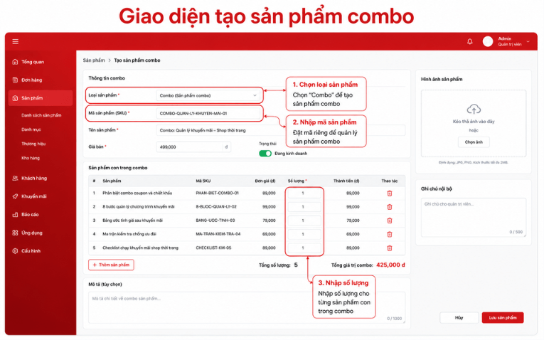 Giao diện tạo sản phẩm combo trên Nhanh.vn