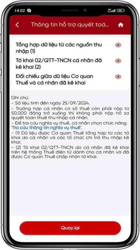 Hệ thống hiển thị màn hình thông tin hỗ trợ quyết toán thuế