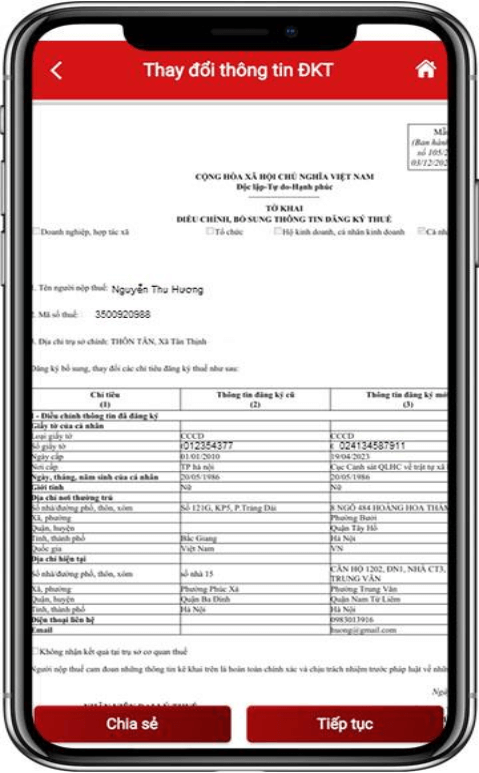 Hiển thị màn hình hoàn thành tờ khai thay đổi thông tin