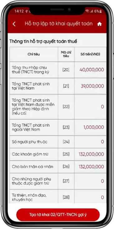 Hiển thị màn hình Thông tin hỗ trợ quyết toán thuế