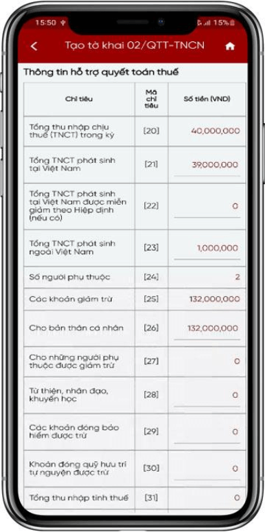 Hiển thị màn kê khai các chỉ tiêu trên tờ khai