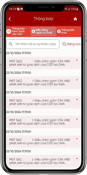Hiển thị tất cả các thông báo biến động nghĩa vụ thuế của NSD