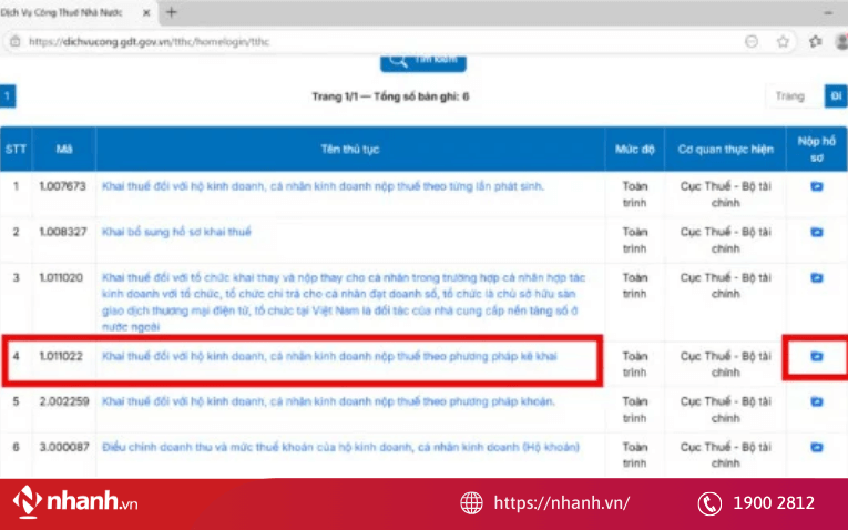 Hộ kinh doanh áp dụng phương pháp kê khai thuế, bạn chọn mã 1.011022