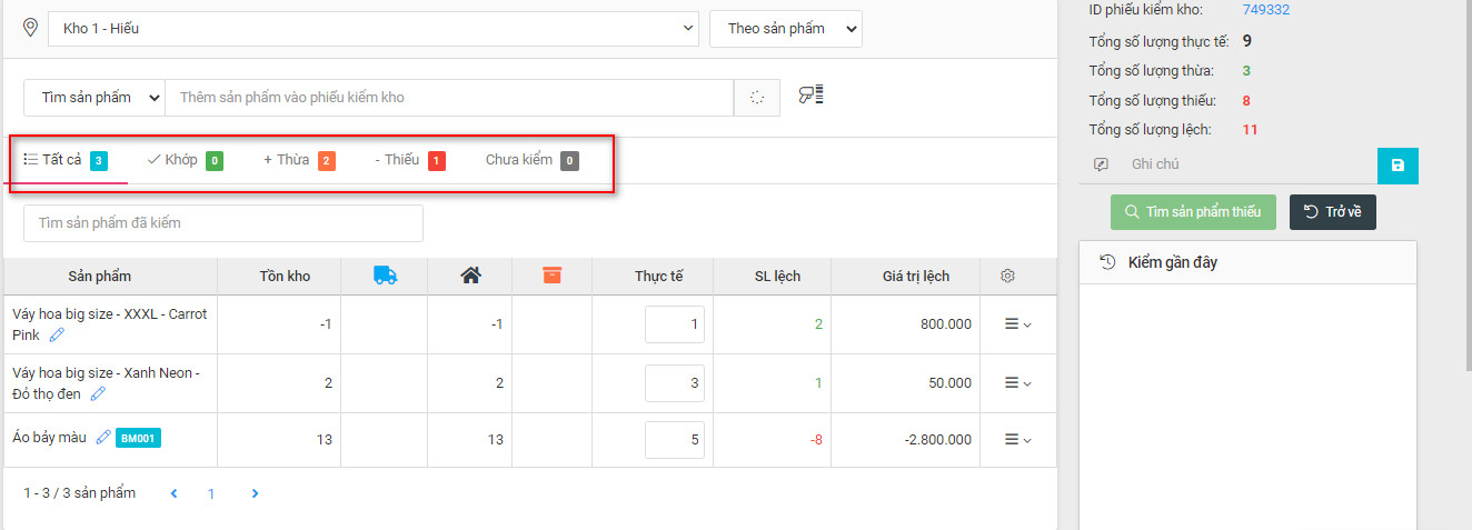 Giao diện kiểm kho bằng máy quét mã vạch trên phần mềm Nhanh.vn