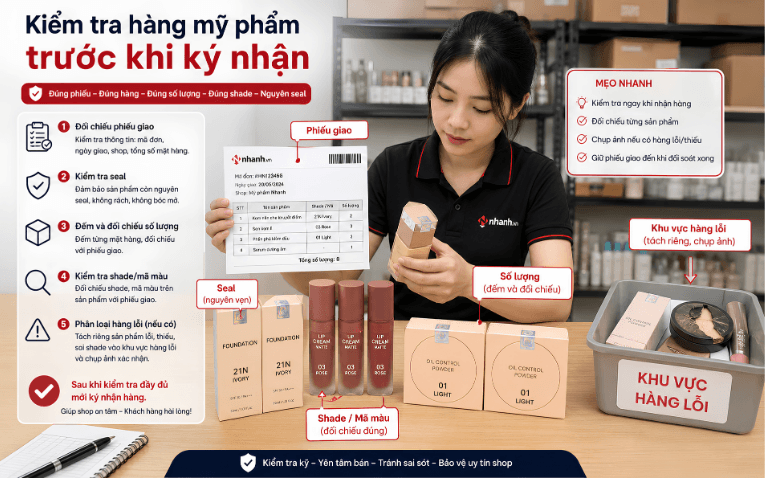 Kiểm tra hàng mỹ phẩm trước khi ký nhận