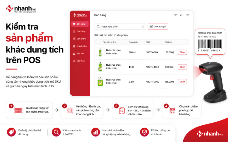 Kiểm tra sản phẩm khác dung tích trên phần mềm POS