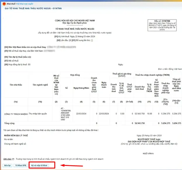 Ký số và nộp tờ khai