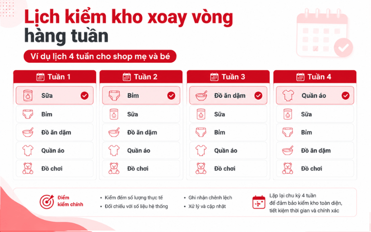 Lịch kiểm kho xoay vòng hằng tuần cho shop mẹ và bé