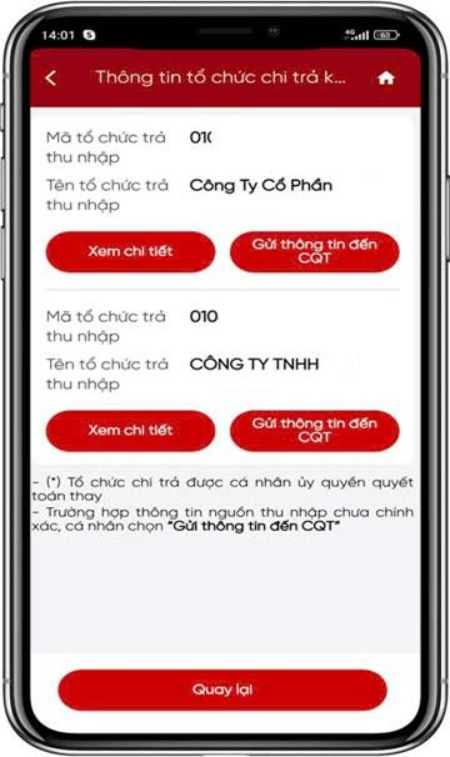 Màn hình Thông tin tổ chức chi trả kê khai