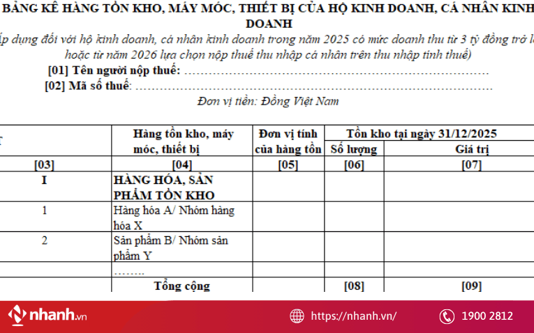 Mẫu bảng kê hàng tồn kho 01/BK-HTK theo Nghị định 68/2026/NĐ-CP