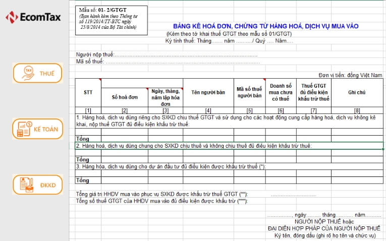 Mẫu bảng kê hóa đơn mua vào 01-2/GTGT