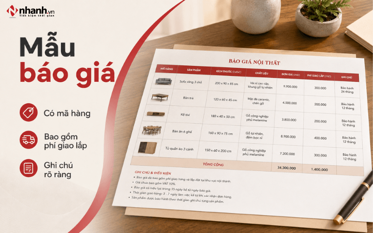 Mẫu báo giá cửa hàng nội thất có mã hàng và phí giao lắp
