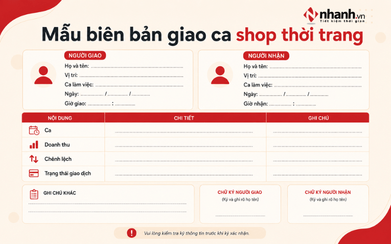 Mẫu biên bản giao ca shop thời trang