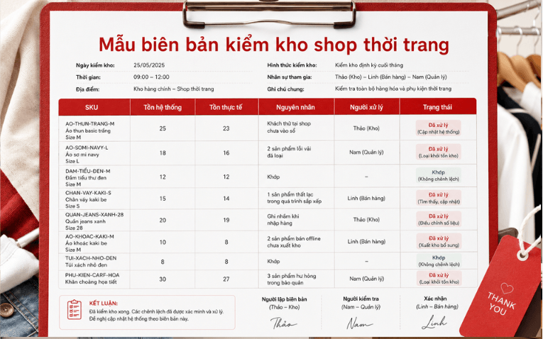 Mẫu biên bản kiểm kho shop quần áo