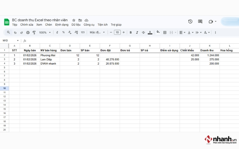 Mẫu file quản lý doanh thu bằng Excel theo nhân viên