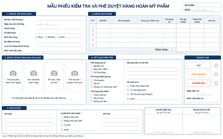 Mẫu phiếu kiểm tra và phê duyệt hàng hoàn mỹ phẩm