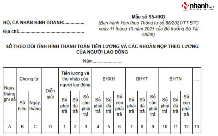 Sổ theo dõi tiền lương và các khoản trích theo lương