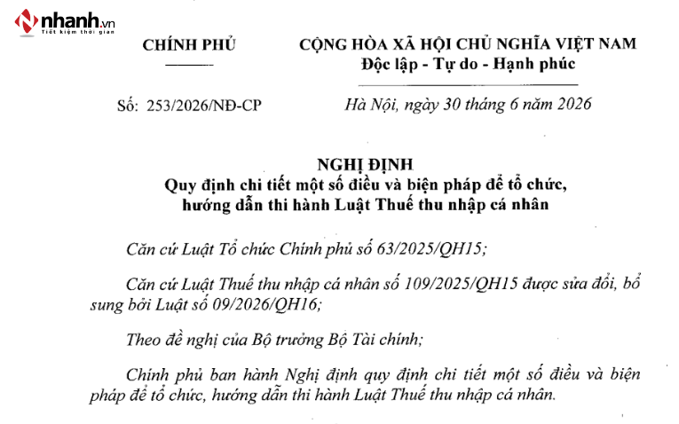 Toàn văn Nghị định 253/2026/NĐ-CP hướng dẫn Luật Thuế thu nhập cá nhân 2025