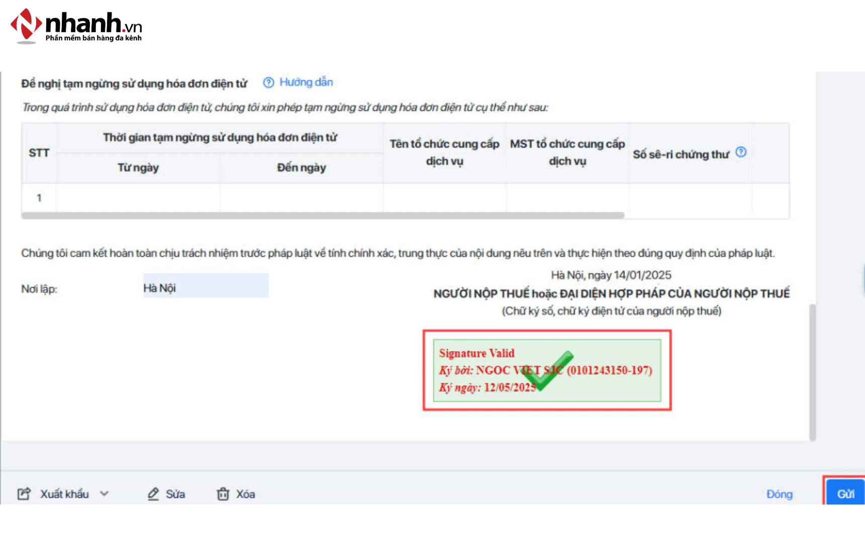 Nhấn ký điện tử và nhấn gửi cơ quan thuế