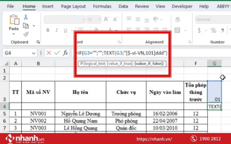 Nhập hàng IF cho ô đầu tiên của hàng Thứ
