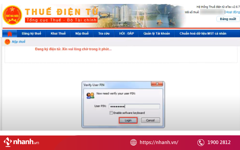 Nhập mã pin và bấm “Login”