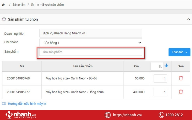 Nhập tên/ mã sản phẩm và điền số lượng cần in tem