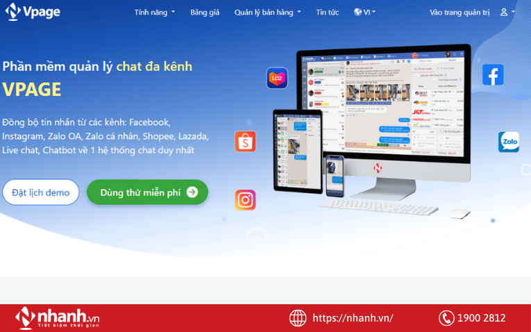 Website riêng của phần mềm quản lý chat đa kênh Vpage