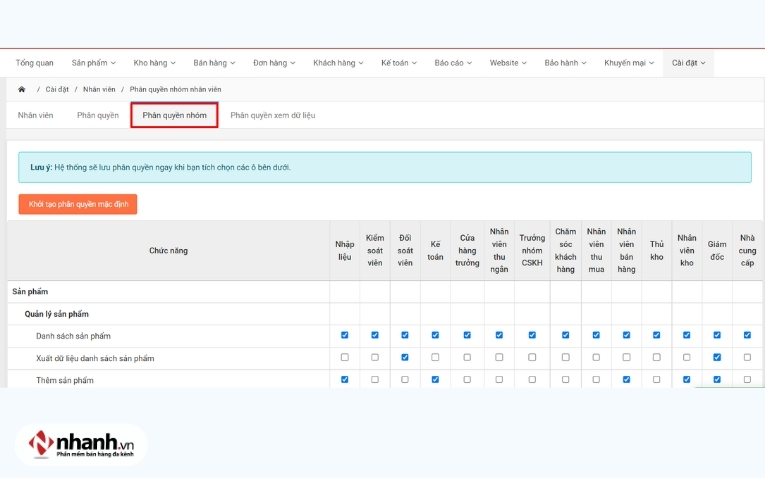 Phân quyền nhóm nhân viên trên phần mềm