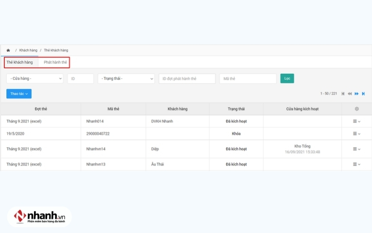 Phát hành thẻ khách hàng trên phần mềm