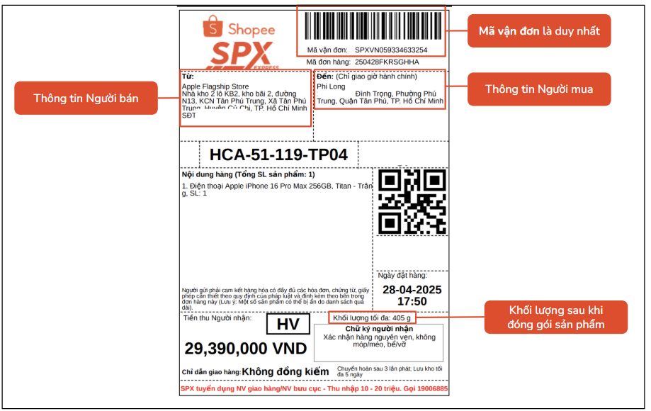 In phiếu gửi hàng, dán phiếu hàng