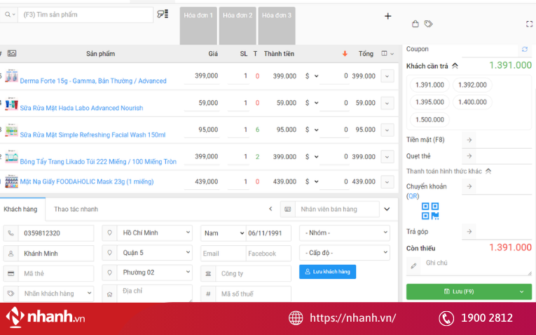 Phần mềm sẽ tự động tính số tiền phải trả của khách