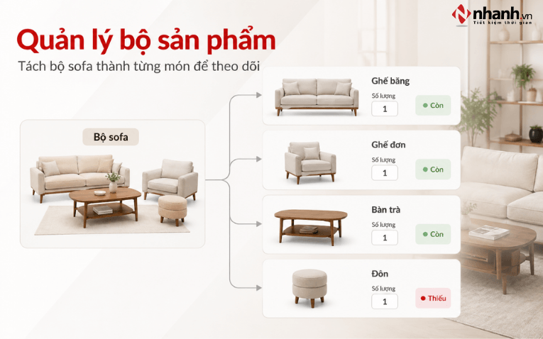 Quản lý bộ sofa và các món bán lẻ trong cửa hàng nội thất