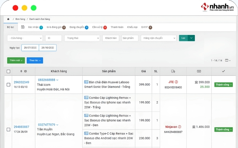 Quản lý đơn hàng trên phần mềm Nhanh.vn