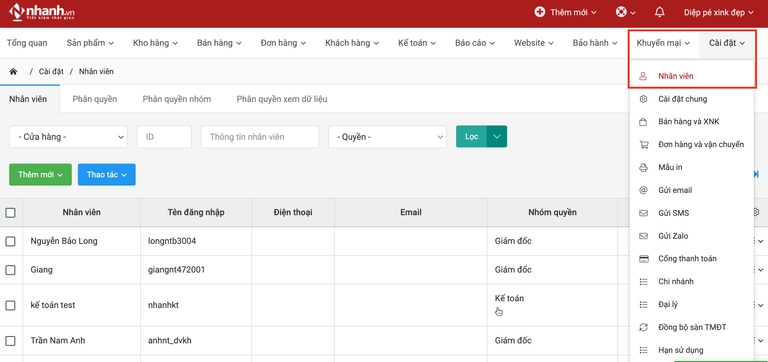 Quản lý quyền nhân viên trên phần mềm