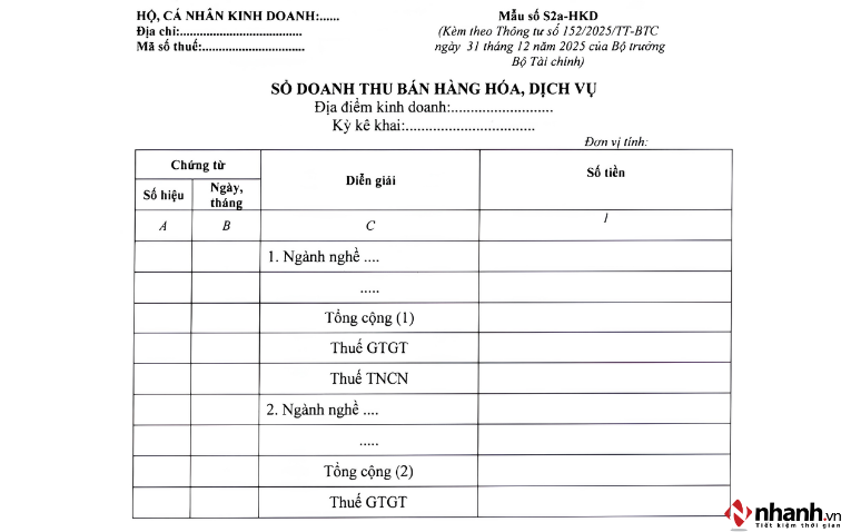 Sổ doanh thu bán hàng hóa dịch vụ (Mẫu số S2a-HKD)