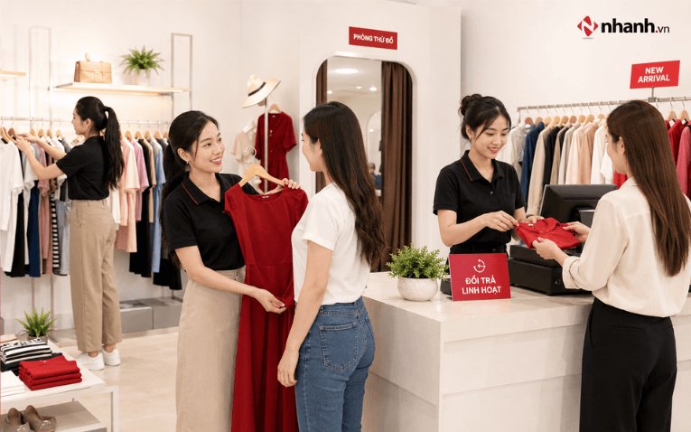Nhân viên vừa tư vấn size, vừa lấy hàng, vừa xử lý đổi trả tại quầy