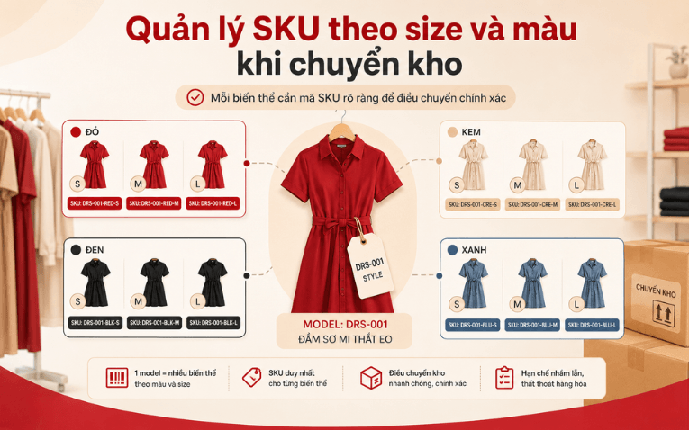 Quản lý SKU size màu khi chuyển kho thời trang