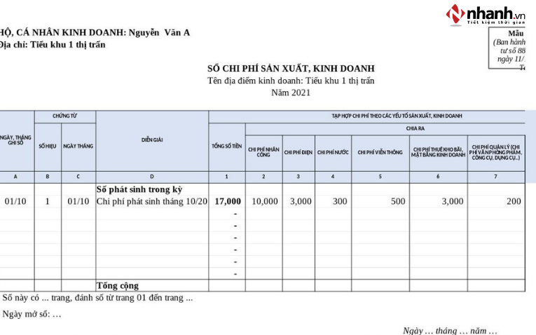 Sổ chi phí sản xuất, kinh doanh (Mẫu S3-HKD)