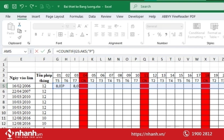 Sử dụng hàm COUNT để tính ngày nghỉ phép